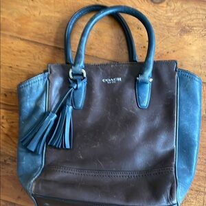 Coach Blue and Brown Tote Bag with Structured Shape and Decorative Tassel